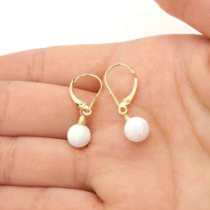 14K Gold 7mm Ball Fire Opal Leverback Dangle Earrings