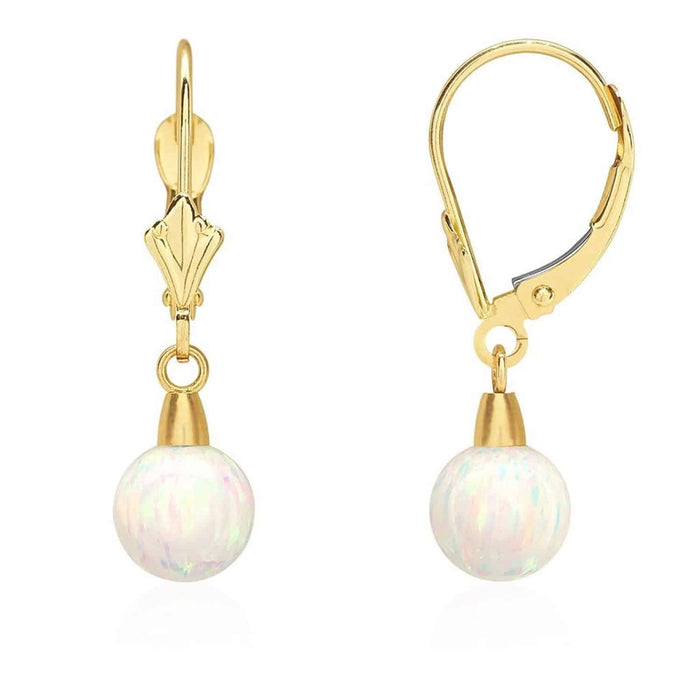 14K Gold 7mm Ball Fire Opal Leverback Dangle Earrings