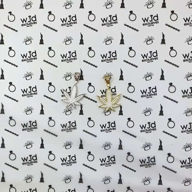 14K Gold Over Sterling Silver CZ Pave Marijuana Hemp Pendant 1.8"