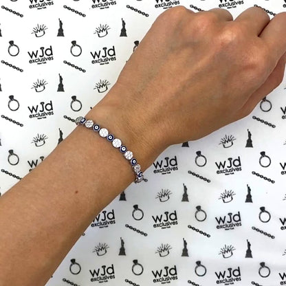 White Sapphire Clusters Silver Evil Eye Bolo Bracelet 5.25"-9.25" Adjustable