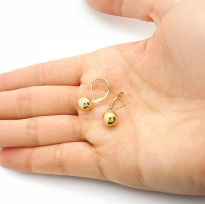 8mm Diameter Ball Lever Back Earrings 14K Yellow Gold 0.8"