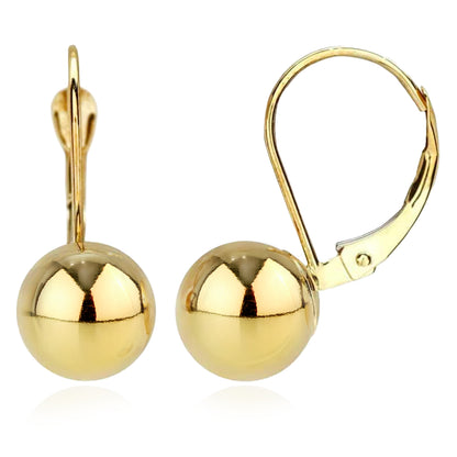 8mm Diameter Ball Lever Back Earrings 14K Yellow Gold 0.8"