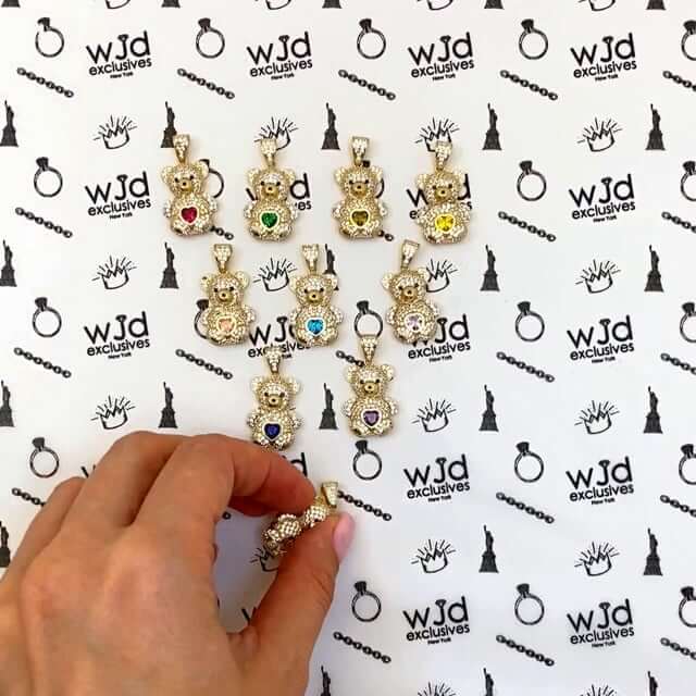 14K Gold CZ Color Birthstone Puffed Teddy Bear Pendant 1.2"