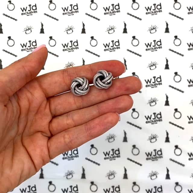 14K Two-Tone White Gold Mesh Tube Love Knot Stud Earrings 14mm