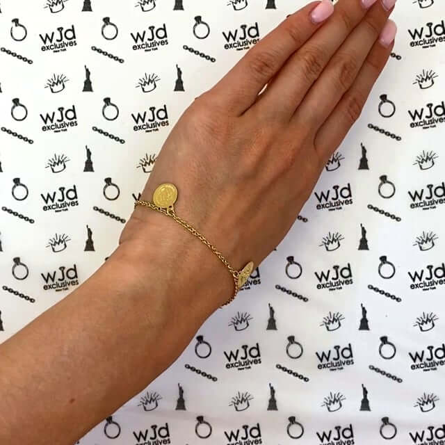 10K Gold Religious Saint Angels Heart Medal Charms Bracelet (Hollow) 6.5"-7.5" Adjustable