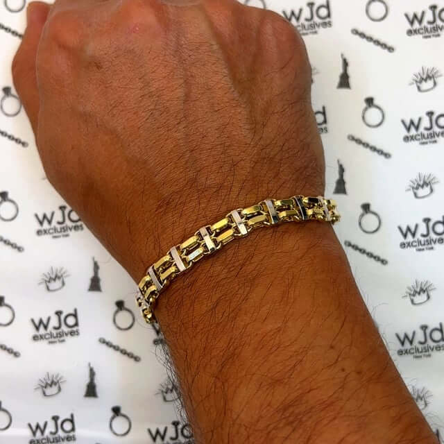 14K Real Two-Tone White 8.5mm Bike Double Rolo Bracelet (Hollow) 8.75"