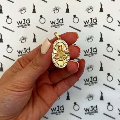 14K Gold CZ Religious Santa Barbara Oval Pendant 1.5"