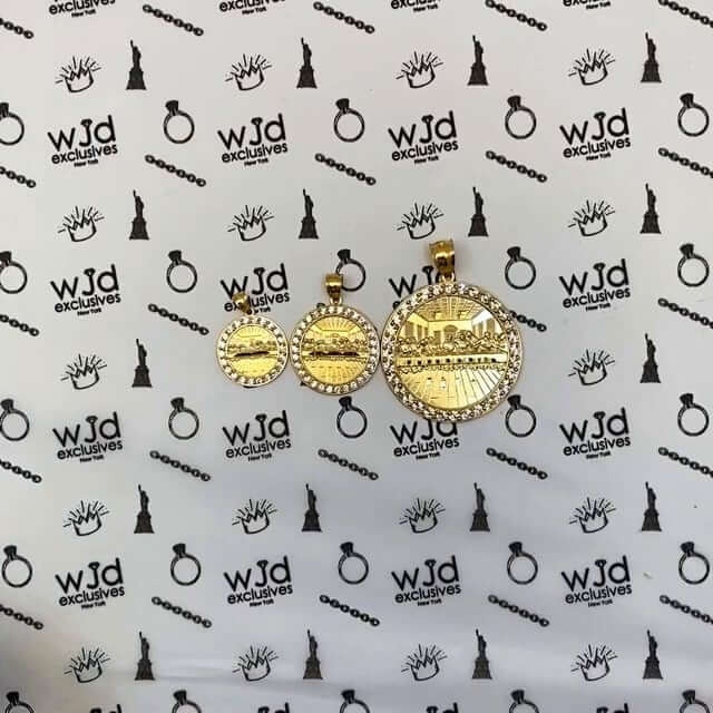 Solid 10K Gold CZ Frame Last Supper Round Pendant 0.8"-1.6"