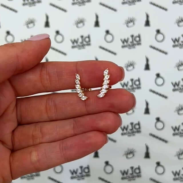 14K Yellow Gold 1.5CTW CZ 15mm Curved Climber Leaf Stud Earrings