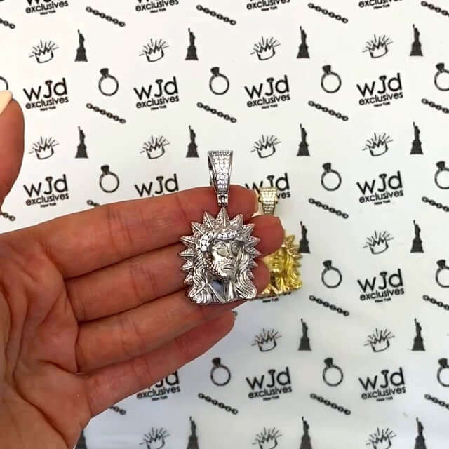 14k Gold Over Silver CZ Jesus Head Thorn Pendant 1.8"