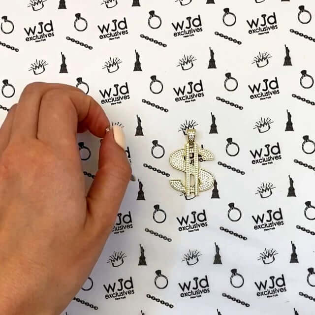 14K Gold Over Silver Ice Out CZ Pave Dollar Sign Pendant 1.6"