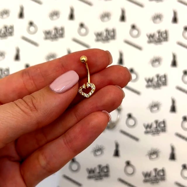 14K Real Gold White CZ Heart Horseshoe Belly Navel Ring