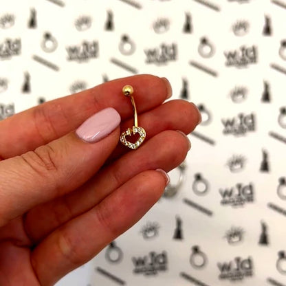 14K Real Gold White CZ Heart Horseshoe Belly Navel Ring