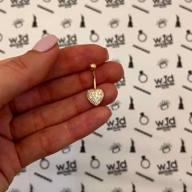 14K White Gold CZ Heart Belly Button Navel Ring 14G
