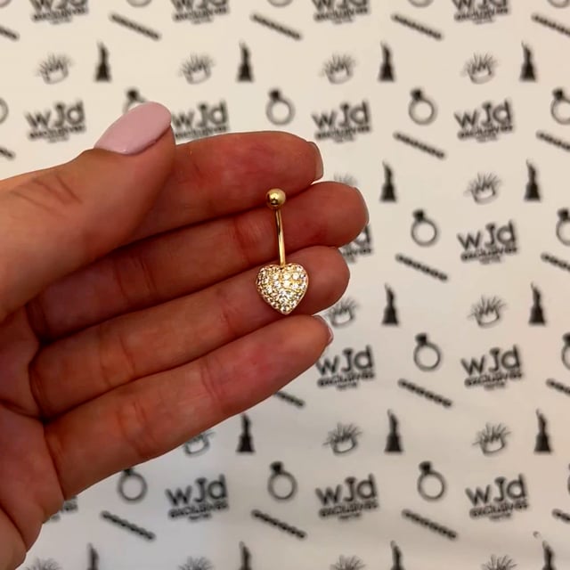 14K Real Gold White CZ Heart Belly Button Navel Ring 14G