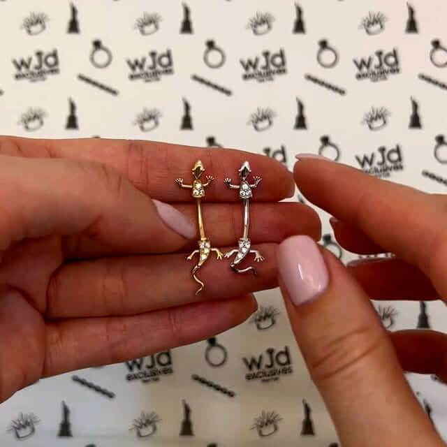 14K White Gold CZ Lizard Belly Button Navel Ring 14G
