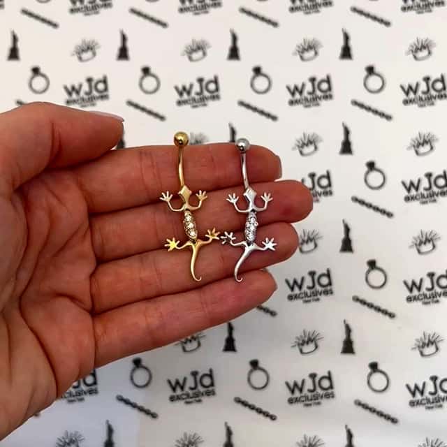 14K White Gold CZ Lizard 14G Belly Button Navel Ring