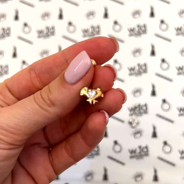 14K Yellow Gold White CZ Dolphins Navel Belly Button Ring