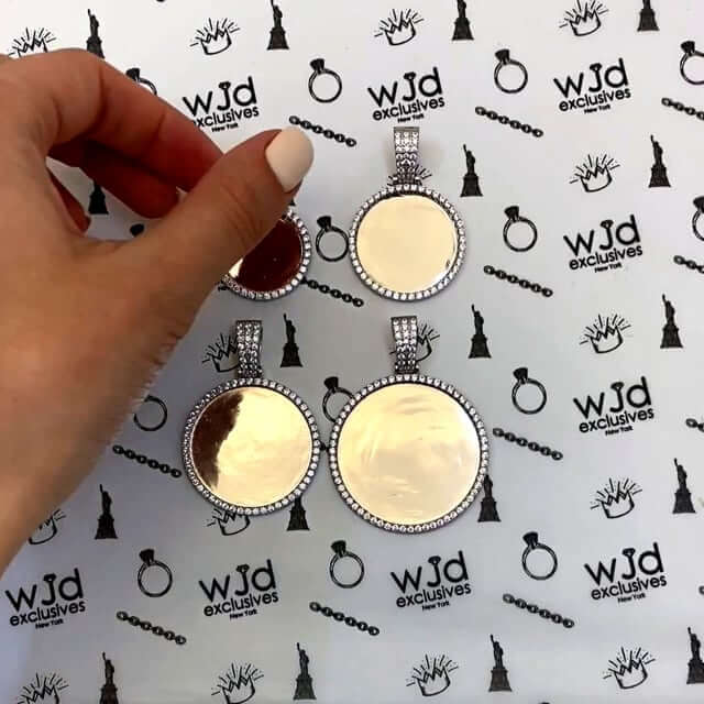 14K White Gold Over Silver CZ Picture Memory Frame Medallion Pendant 1"-2"