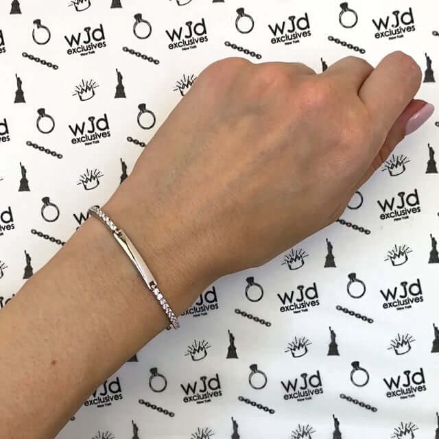 14K White Gold Over Sterling Silver ID Bar CZ Tennis Bracelet 6"-8" Adjustable