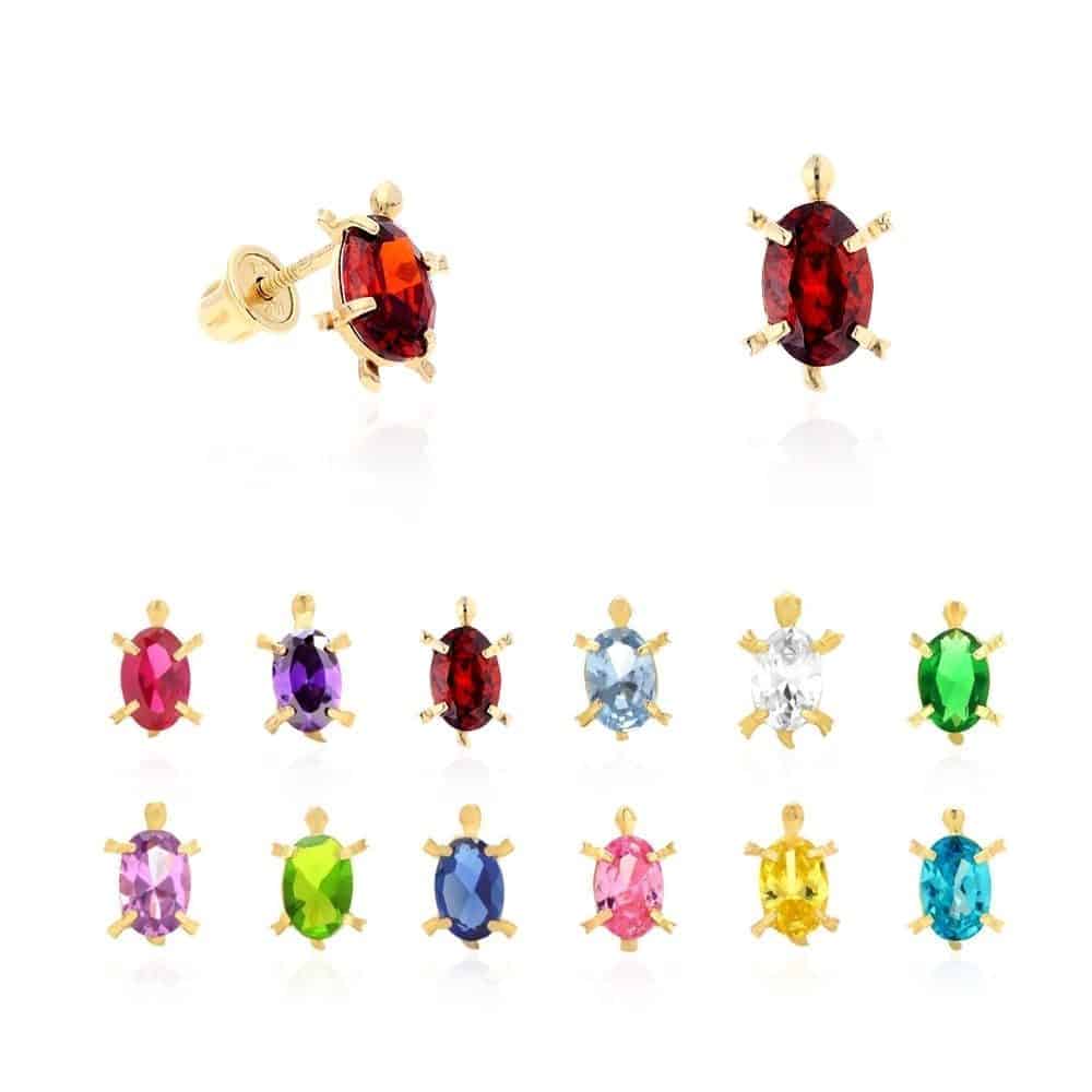 Kid's 14K Yellow Gold Oval Simulated Birthstone Turtle Screw Back Stud Earrings