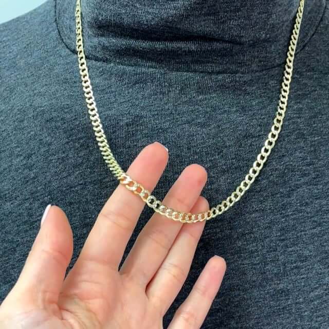 18K Gold Over Silver 5mm Diamond-Cut Pave Cuban Curb Chain (Solid Links) 18"-24"