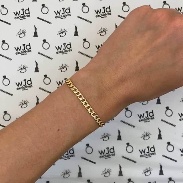 18K Gold Over Silver 4mm Diamond-Cut Pave Cuban Curb Bracelet (Solid Links) 8"-9"