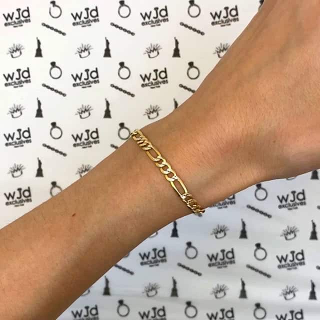 18K Gold Over Silver 4mm Diamond-Cut Pave Figaro Bracelet (Solid Links) 7"-9"