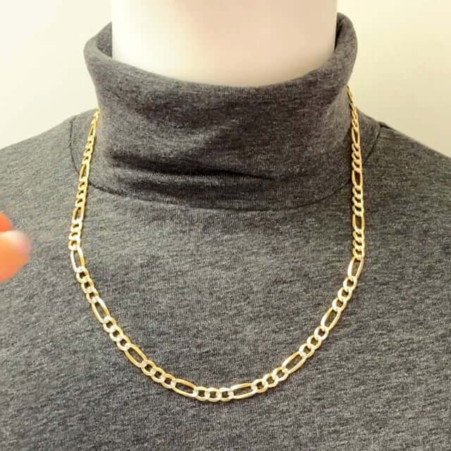 18K Gold Over Silver 7mm Diamond-Cut Figaro Chain (Solid Links) 20"-26"