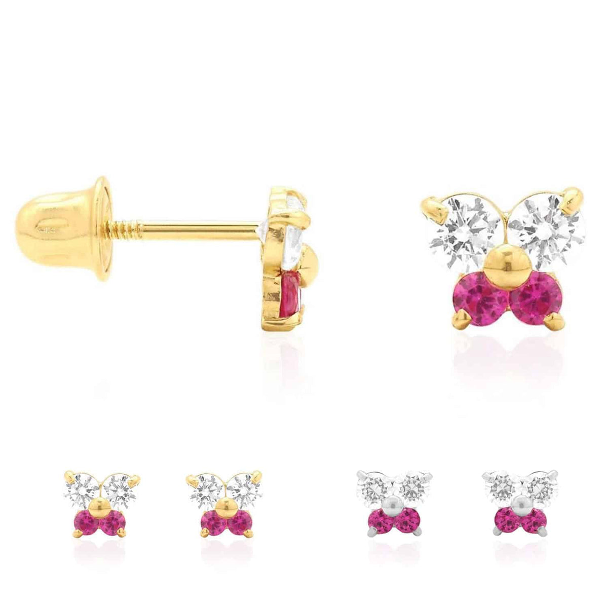 Kids 14K Yellow White Gold CZ Ruby Butterfly Stud Earrings