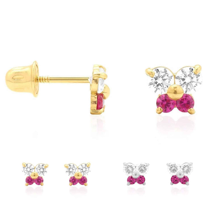 Kids 14K Yellow White Gold CZ Ruby Butterfly Stud Earrings