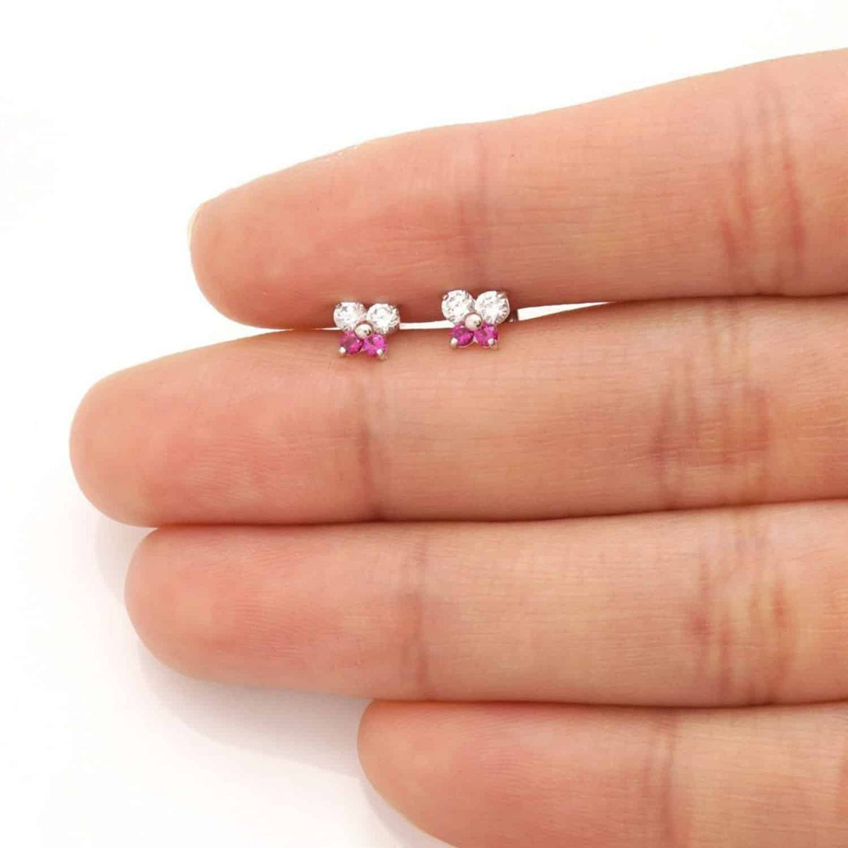 Kids 14K Yellow White Gold CZ Ruby Butterfly Stud Earrings