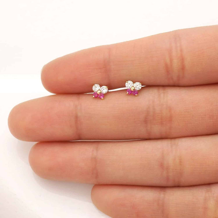 Kids 14K Yellow White Gold CZ Ruby Butterfly Stud Earrings