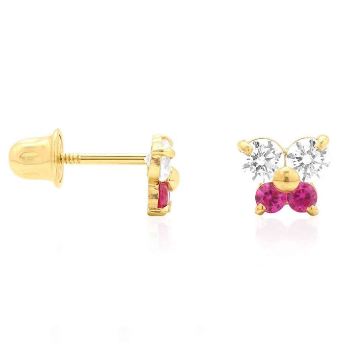 Kids 14K Yellow White Gold CZ Ruby Butterfly Stud Earrings