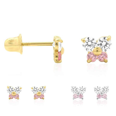14K Yellow White Gold CZ Pink Tourmaline Butterfly Stud Earrings