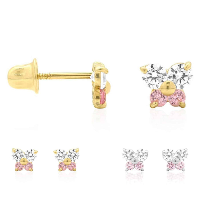 14K Yellow White Gold CZ Pink Tourmaline Butterfly Stud Earrings