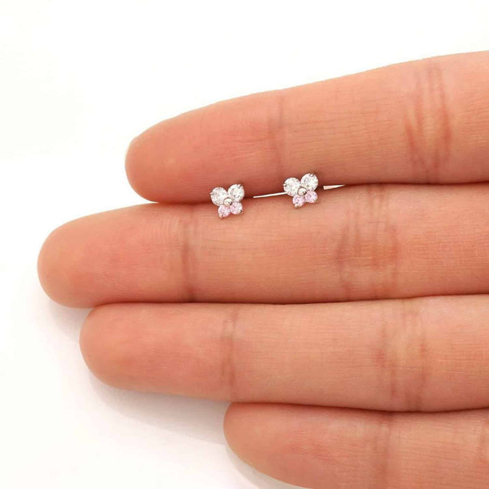 14K Yellow White Gold CZ Pink Tourmaline Butterfly Stud Earrings