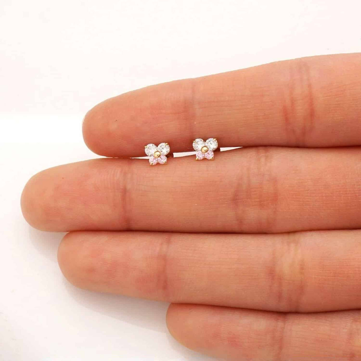 14K Yellow White Gold CZ Pink Tourmaline Butterfly Stud Earrings