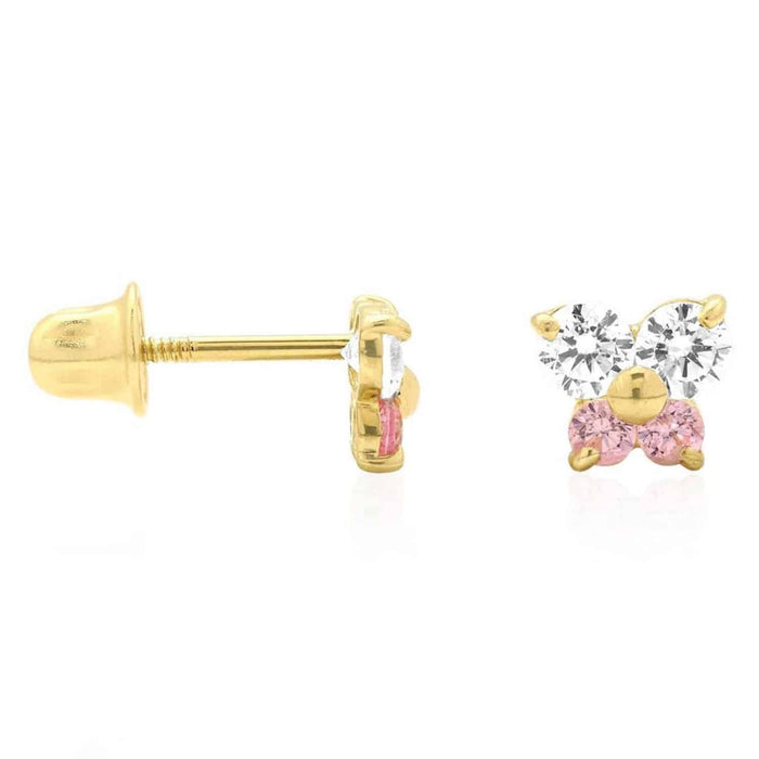 14K Yellow White Gold CZ Pink Tourmaline Butterfly Stud Earrings