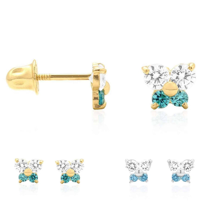 Kids 14K Yellow White Gold CZ Blue Topaz Butterfly Stud Earrings