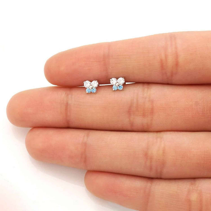 Kids 14K Yellow White Gold CZ Blue Topaz Butterfly Stud Earrings