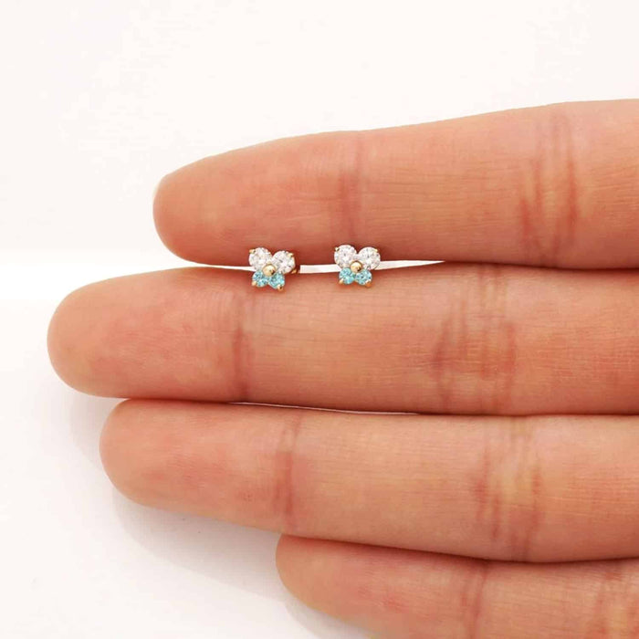 Kids 14K Yellow White Gold CZ Blue Topaz Butterfly Stud Earrings