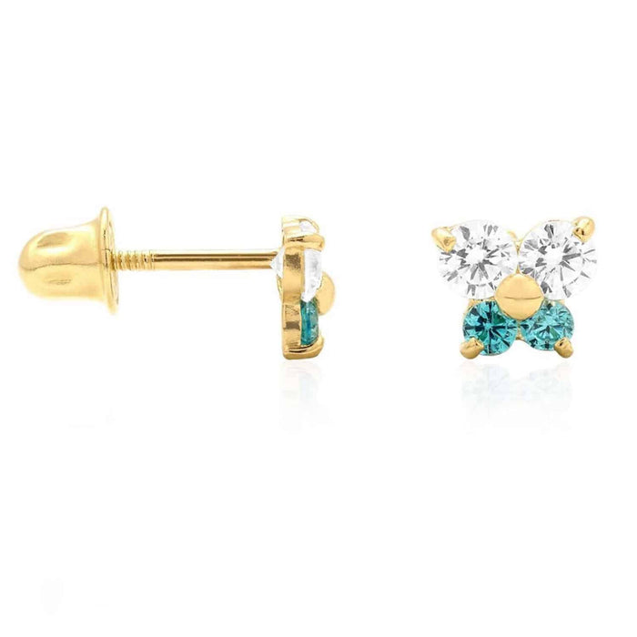 Kids 14K Yellow White Gold CZ Blue Topaz Butterfly Stud Earrings