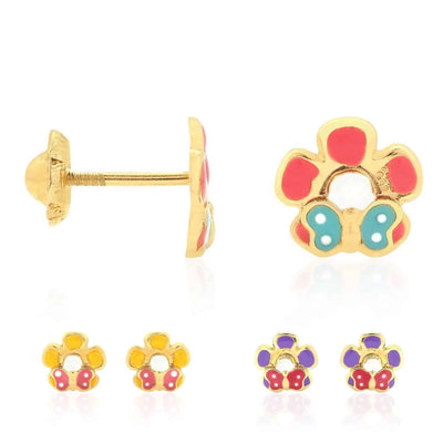 Kids 14K Yellow Gold Enamel Butterfly & Flower Screw Back Stud Earrings
