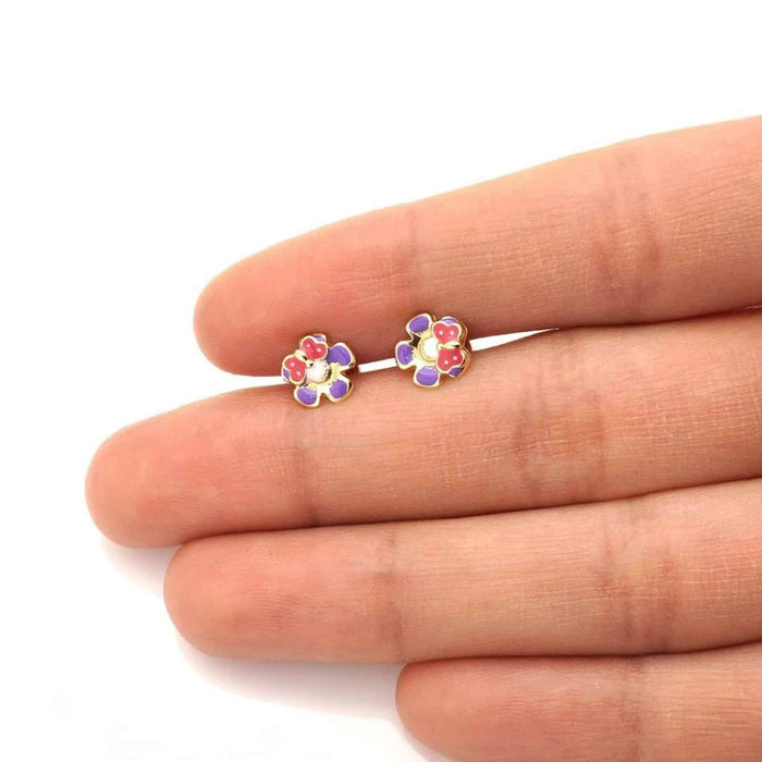 Kids 14K Yellow Gold Enamel Butterfly & Flower Screw Back Stud Earrings