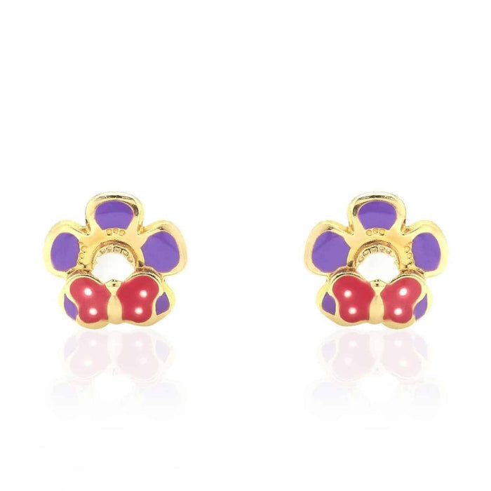 Kids 14K Yellow Gold Enamel Butterfly & Flower Screw Back Stud Earrings
