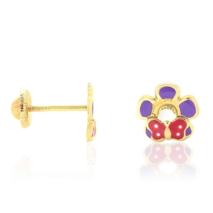 Kids 14K Yellow Gold Enamel Butterfly & Flower Screw Back Stud Earrings