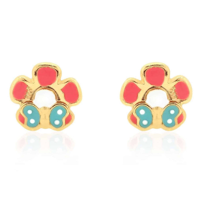 Kids 14K Yellow Gold Enamel Butterfly & Flower Screw Back Stud Earrings