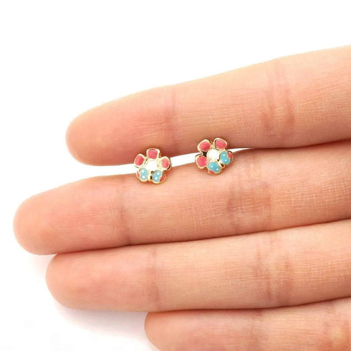 Kids 14K Yellow Gold Enamel Butterfly & Flower Screw Back Stud Earrings