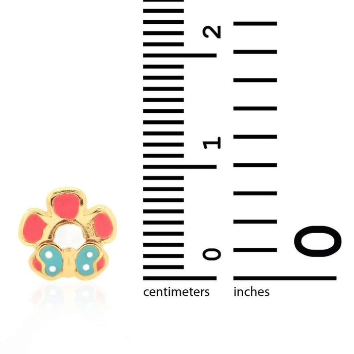 Kids 14K Yellow Gold Enamel Butterfly & Flower Screw Back Stud Earrings